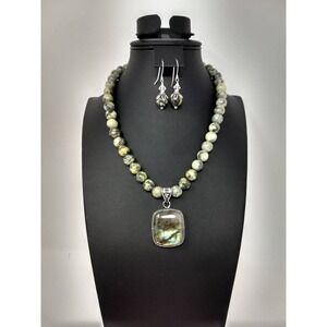 Shades of Green Serpentine Necklace and Earrings Focal Sterling Silver Pendant